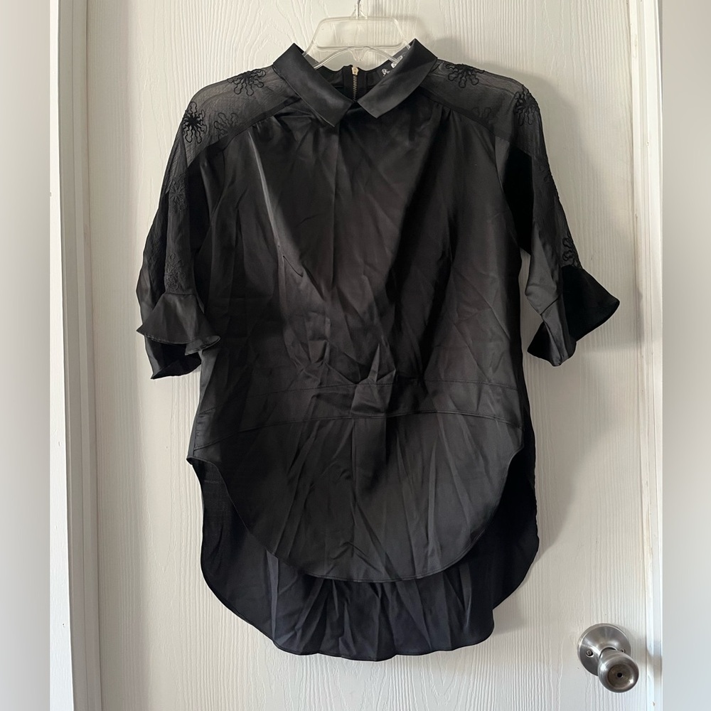 Blue Sky Butterfly - Black Sheer Flower Sleeve Blouse
